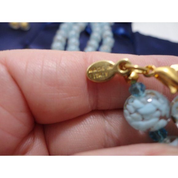 Murano Glass Bead Double Strand Necklace Bracelet Earring Set Blue Gold Stauer - Picture 6 of 11